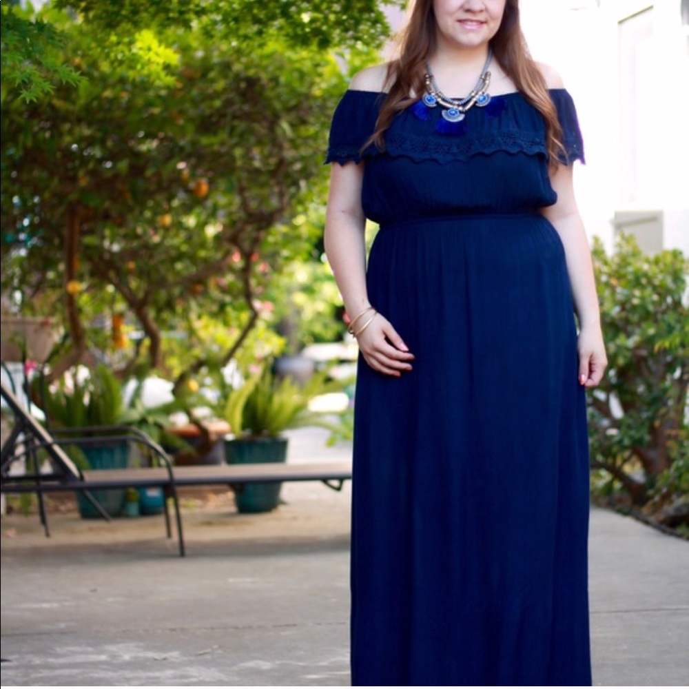 Navy Crochet Ruffle Detail Maxi Dress